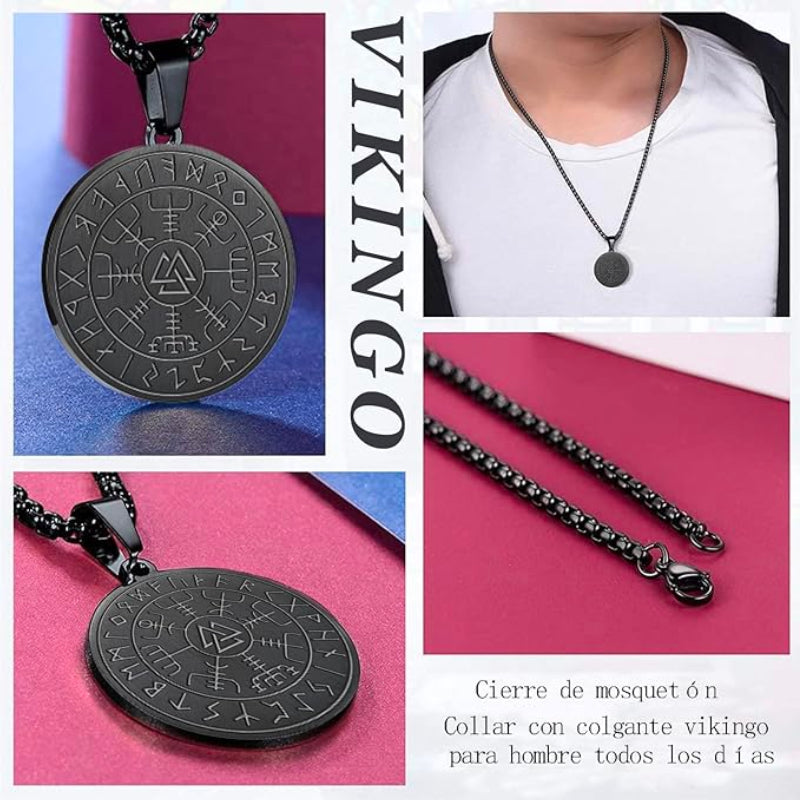 Pptabold - collar vikingo para hombre con dije vegvisir en acero inoxidable